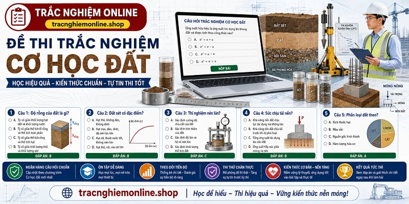 Đề thi trắc nghiệm cơ học đất 2026 có đáp án và giải thích