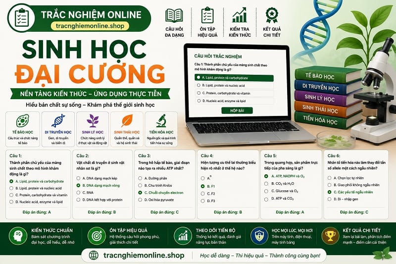 Đề thi trắc nghiệm sinh học đại cương 2026 có đáp án