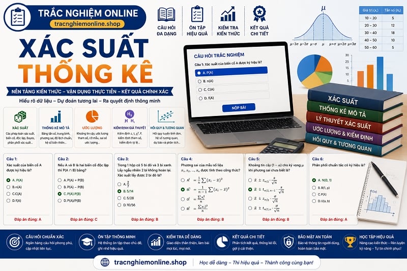 Đề thi trắc nghiệm xác suất thống kê 2026 có đáp án